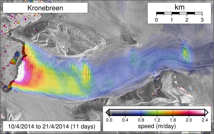 The velocity map shows the speed of Kronebreen over an 11-day period. Figure: Adrian Luckman et.al.