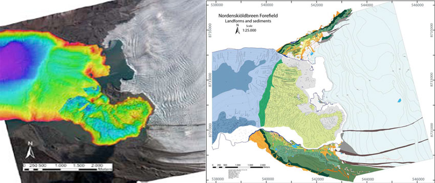 To the left is a composite picture of the scanning of the fjord bottom and the flight image from 2009. To the right, the completed geomorphological map, with all glacier tracks included.