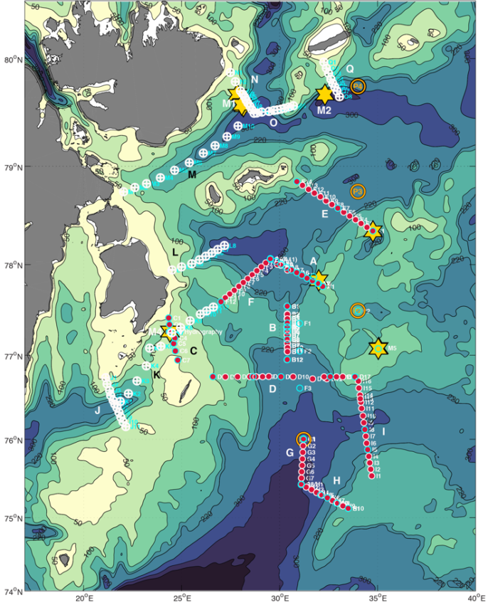 Figure 2: Observation area to be covered in the north-western Barents Sea during the winter process cruise. Different measuring stations are marked on the map.