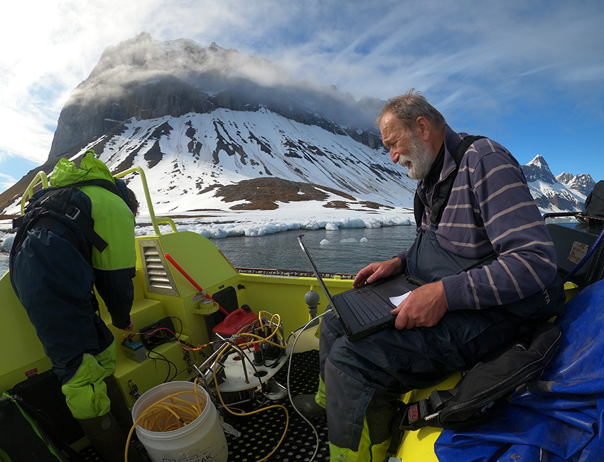 Equipment and persons onboard small boat in Svalbard