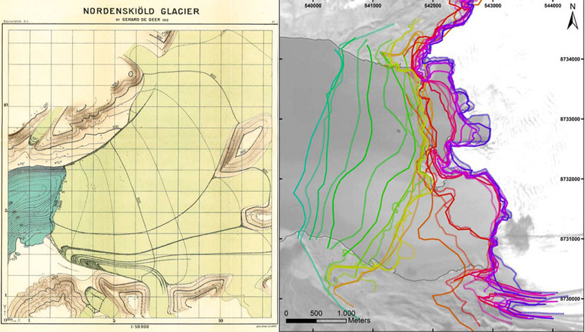 To the left is a map of the Nordenskiöldbreen made by De Geer in 1910. To the right is a satellite image from 2015 with all 28 reconstructed glacier front positions of the Nordenskiöldbreen from 1896 to 2015.