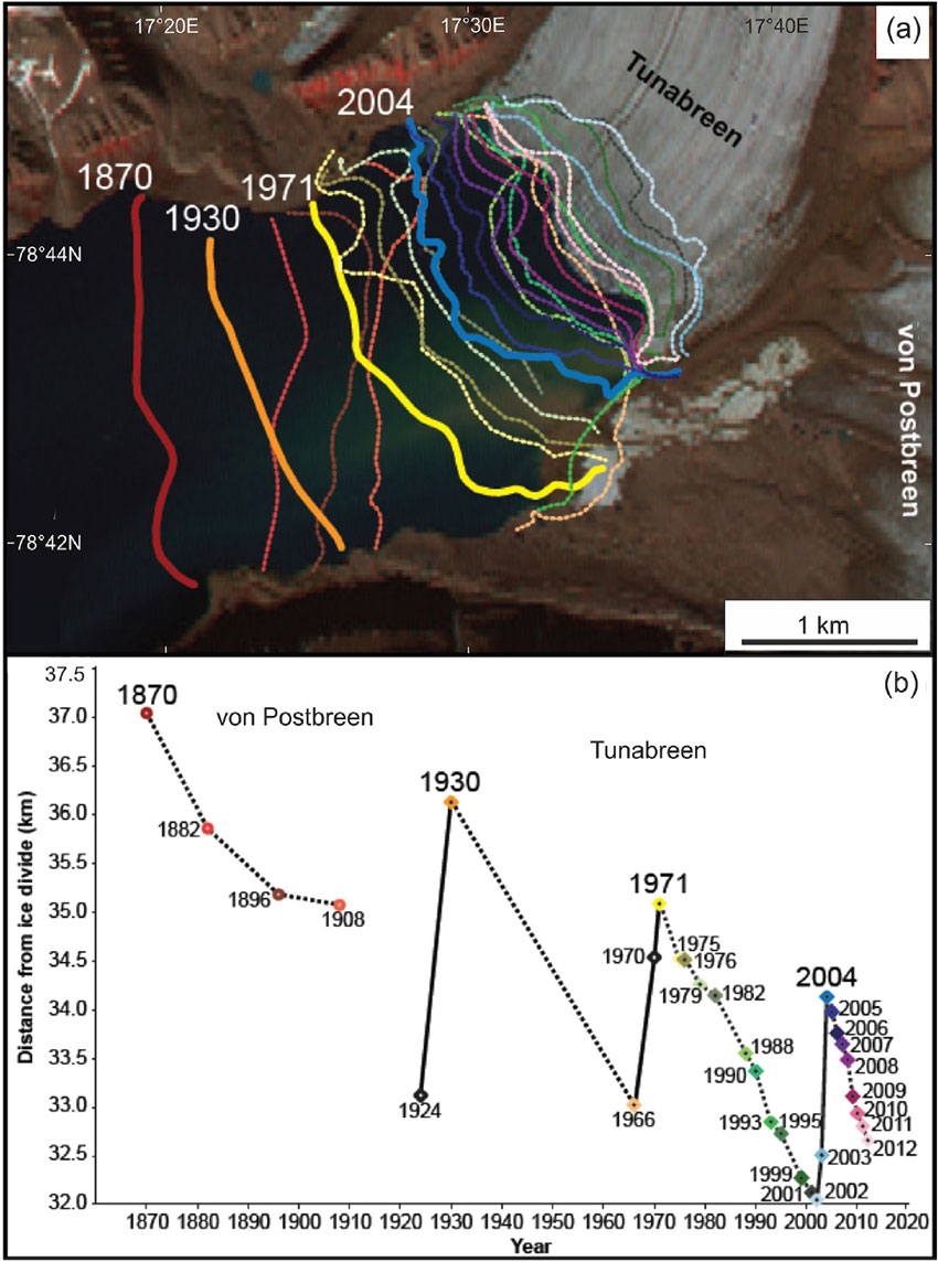 Map of Tunabreen glacier front over time