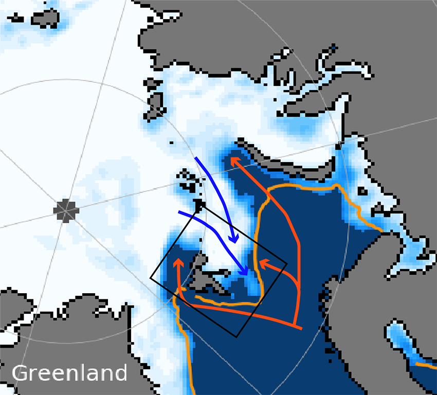 Sea ice concentration (white) for 5 February 2021 taken from the National Snow and Ice Data Center (nsidc.org).